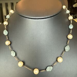 MONET Faux Pearl & Aqua Blue Bead Necklace 16-18” Adjustable Dainty Style